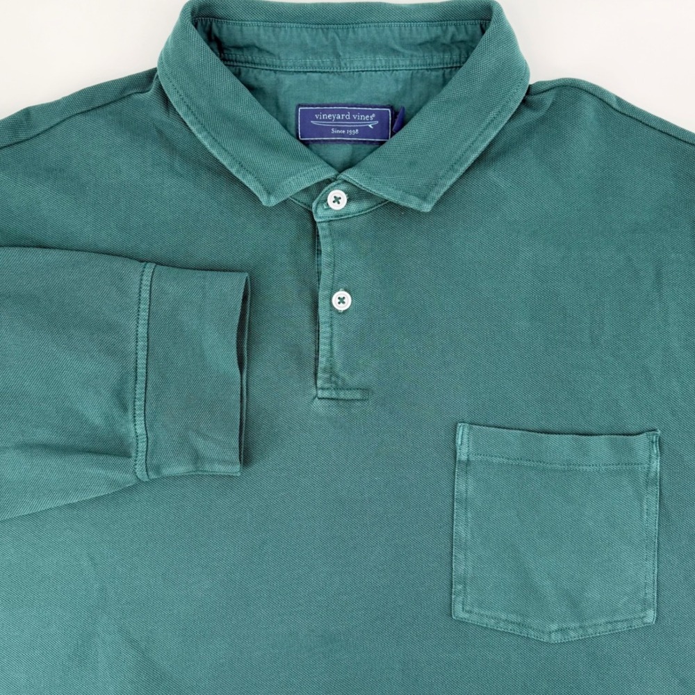 Vineyard Vines Mens XXL Green Long Sleeve Pique Polo Shirt Chest Pocket Cotton